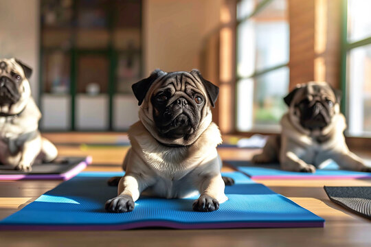 Pugs in sporty costumes engage in yoga, focusing on their poses, showcasing flexibility and endurance. Dogs doing sport.