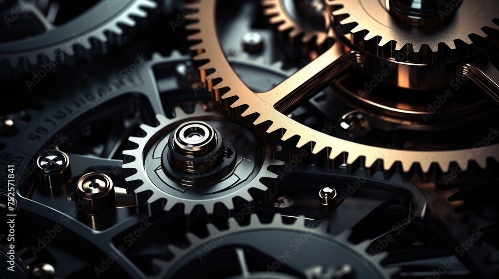 Poster detailed close up of a clock with visible gears. suitable for industrial, technology, or time manage