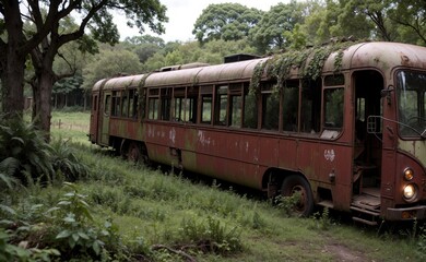 A rusty bus into the jungle. Abandoned place, vines everywhere.