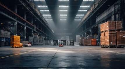 Warehouse filled with boxes and pallets, perfect for logistics and storage concepts - obrazy, fototapety, plakaty