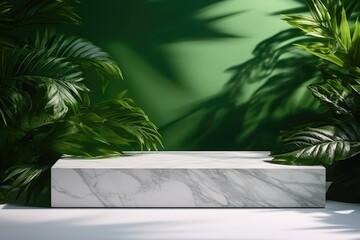 A serene white marble bench against a vibrant green wall, perfect for interior design concepts
