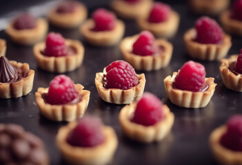 Pieces of chocolate fresh raspberries and tartlets Preparation Food dessert background recipe