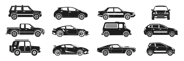 large set of vehicle silhouettes. Vector set illustration of simple deformed various types of car icons pictograms