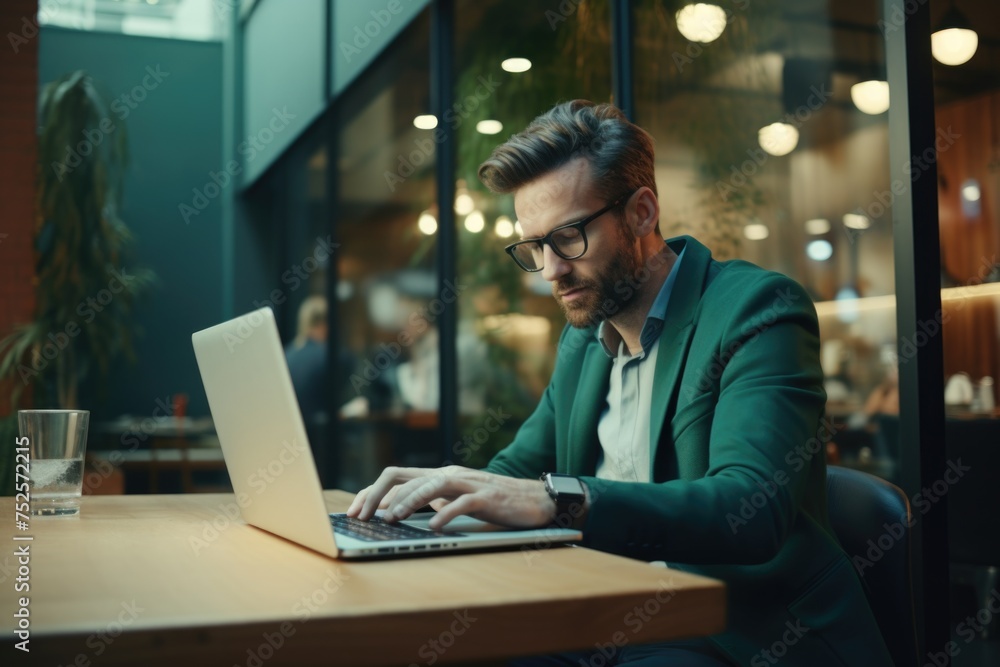 Poster a man sitting at a table using a laptop computer. ideal for technology and remote work concepts