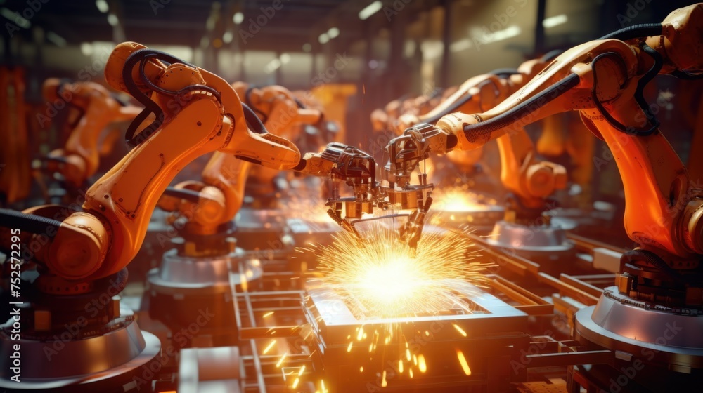Aufkleber group of robots performing tasks on metal, suitable for technology and manufacturing concepts