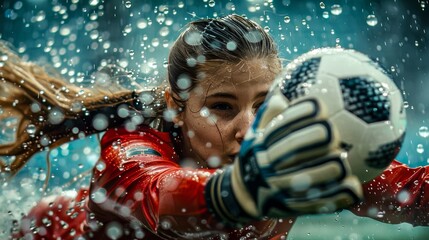 Intense moment as female goalkeeper in red jersey saves soccer ball amidst splashing water