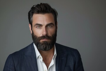 Groomed bearded man posing for camera on gray background
