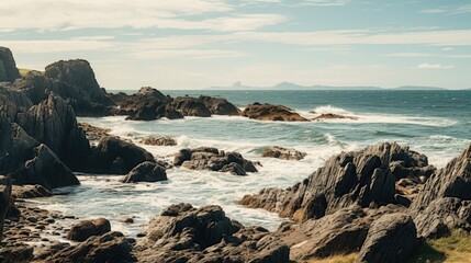 A person riding a surfboard on a rocky beach. Suitable for travel and adventure themes