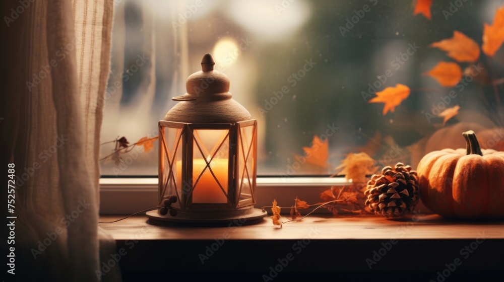 Poster a lantern sitting on top of a window sill, suitable for home decor concepts