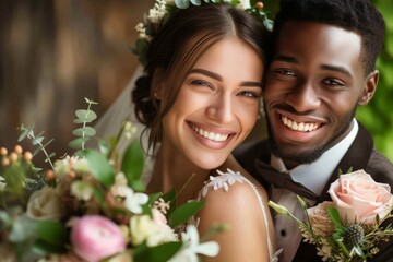 Happy mixed race couple celebrating their wedding day