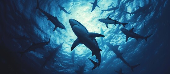 Fototapeta premium A mesmerizing group of sharks gracefully swimming in the vast, majestic ocean waters