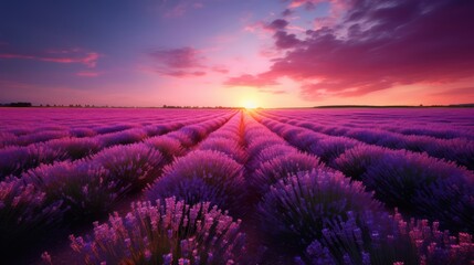 Lavender field landscape with sunset background