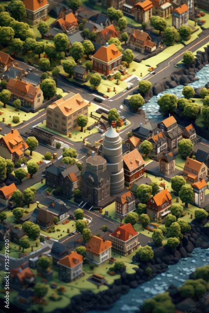 Poster detailed model of a town with a river running through it, suitable for architectural and urban plann