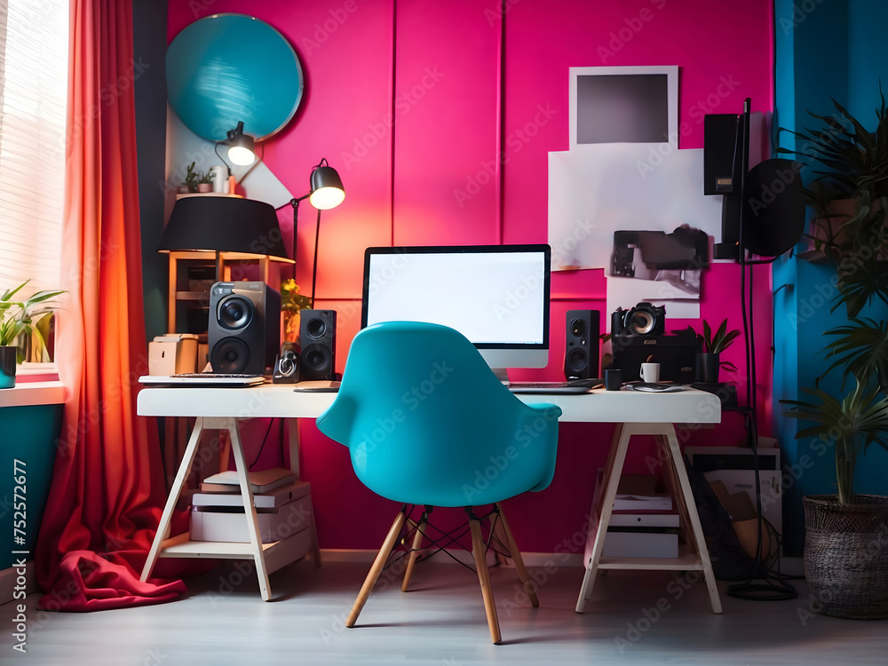 Poster stylish workspace with a computer and posters at home or in the studio.