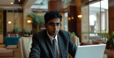 Indian man using laptop inside