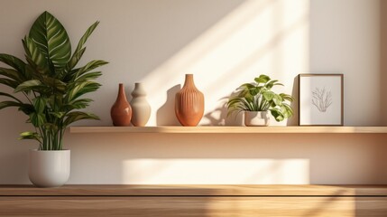 Fototapeta na wymiar A collection of vases and plants displayed on a shelf. Ideal for interior design concepts