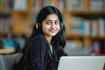 Indian young woman engages in remote teaching and learning through a headset and video conference on laptop