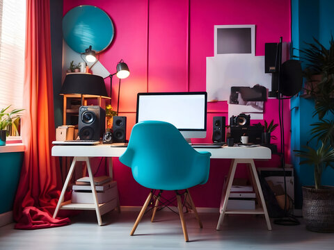Stylish workspace with a computer and posters at home or in the studio.
