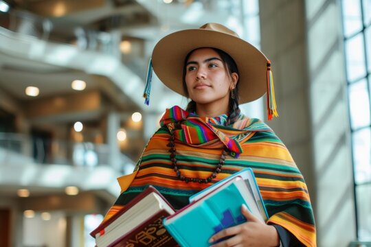 Indigenous college student with books returning to university