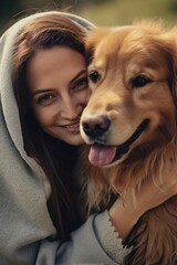 Woman hugging a dog with a hood on, suitable for pet lovers and animal care concept
