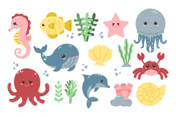 A set of marine inhabitants. Different fish. Vector cartoon illustration.