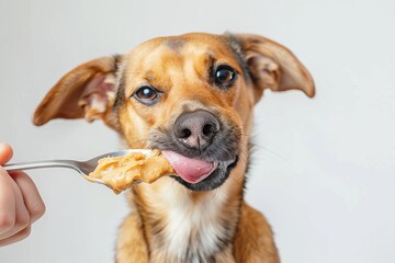 Joyful dog indulging in spoonfuls of peanut butter Adorable puppy happily licks unsalted peanut butter using a large pink tongue Harrier mix dog likely female