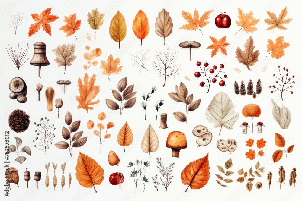Poster assorted leaves on a plain white background, suitable for botanical projects