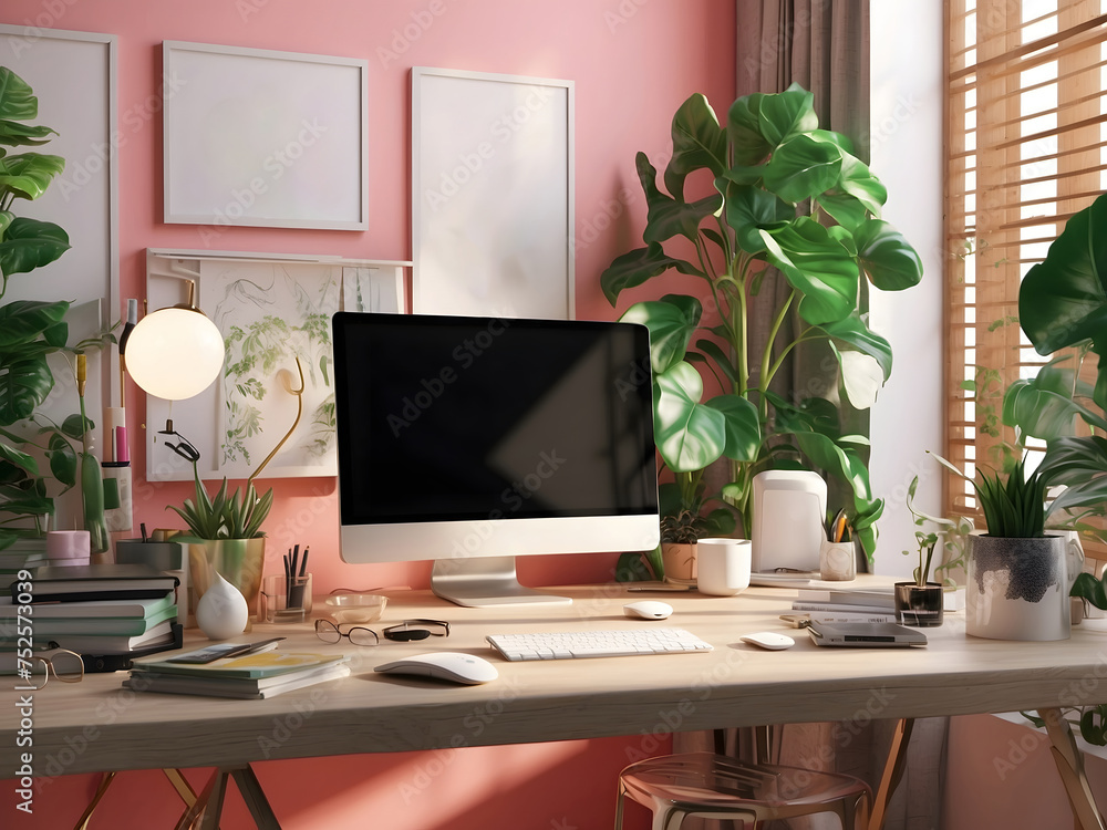 Poster stylish workspace with a computer and posters at home or in the studio.