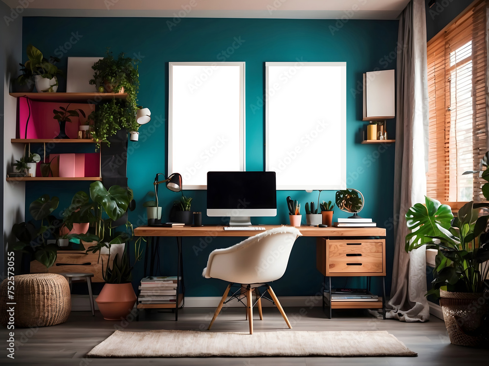 Poster stylish workspace with a computer and posters at home or in the studio.