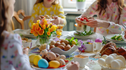 Happy family at Easter dinner table with a lot of meals and eggs