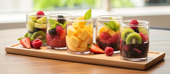 A wooden tray with glasses filled with a summer fruit salad featuring organic mango, peach, apple, banana, kiwi, strawberry, and blackberries. The glasses are arranged neatly on the tray, creating an