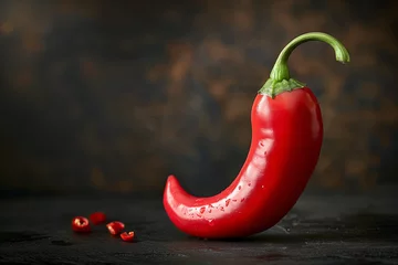 Fototapeten Red chili pepper with a curved shape on dark textured background © ChaoticDesignStudio