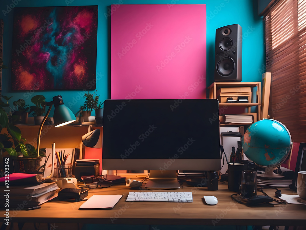 Poster stylish workspace with a computer and posters at home or in the studio.