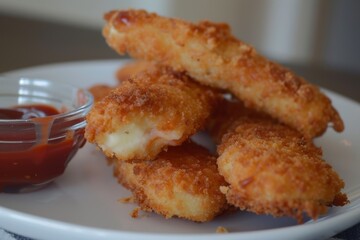 Mozzarella sticks with bread crumbs served with ketchup and bbq sauce