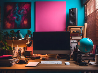 Stylish workspace with a computer and posters at home or in the studio.