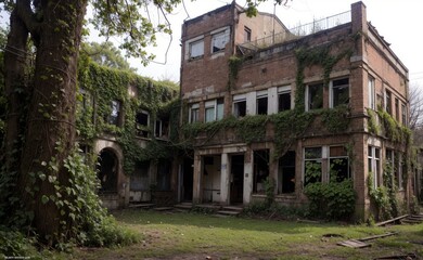 Abandoned town, vines everywhere. Destroyed buildings lots of bushes