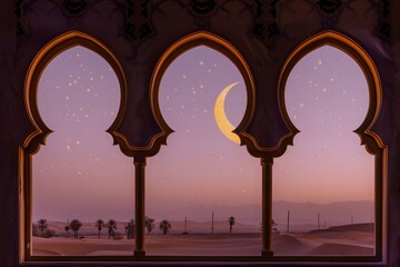 The golden crescent moon and a single star seen through the silhouette of a delicately arched...
