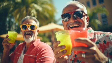Two men holding up fruit and drinks, suitable for food and beverage concepts - obrazy, fototapety, plakaty