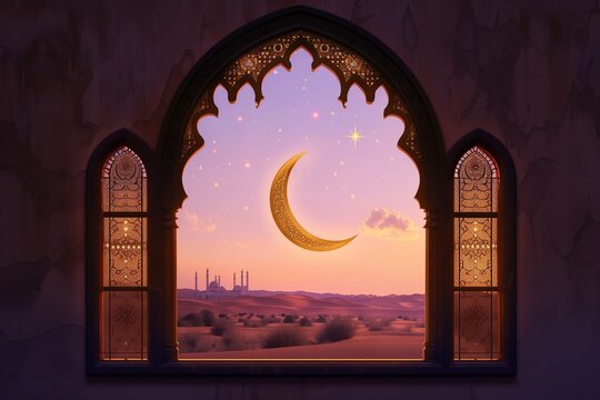 The golden crescent moon and a single star seen through the silhouette of a delicately arched window, marking the eve of Eid ul Fitr.