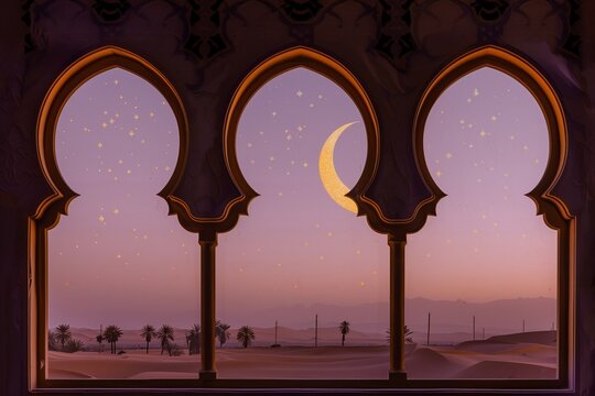 The golden crescent moon and a single star seen through the silhouette of a delicately arched window, marking the eve of Eid ul Fitr.