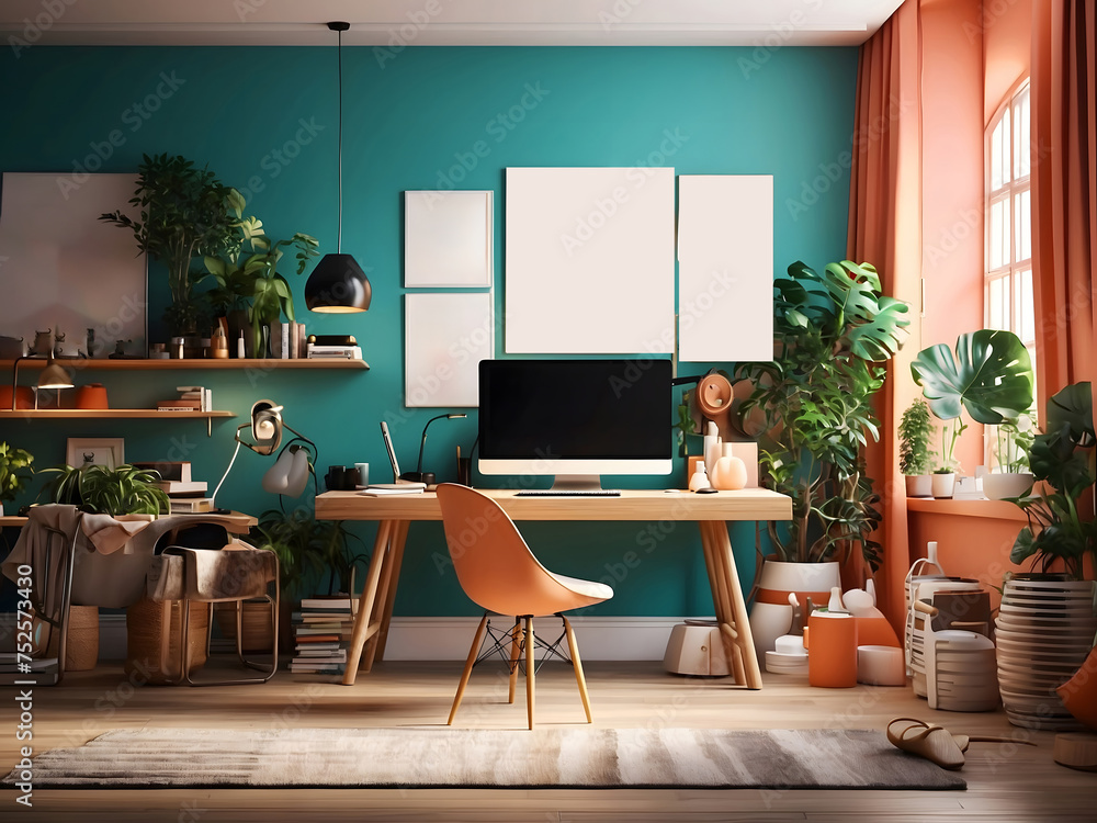 Poster stylish workspace with a computer and posters at home or in the studio.