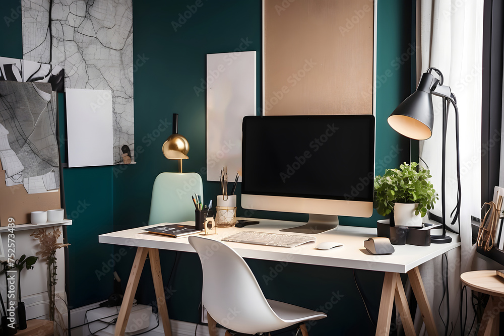 Poster stylish workspace with a computer and posters at home or in the studio.