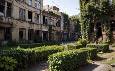 Abandoned town, vines everywhere. Destroyed buildings lots of bushes