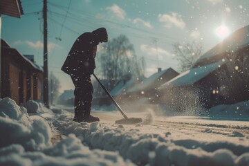 Man clearing snow in front of house on sunny and frosty day
