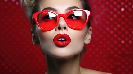 A stylish woman wearing red glasses and lipstick. Suitable for beauty or fashion concepts