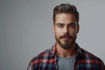 Masculine portrayal Handsome bearded man gazes at camera against grey backdrop