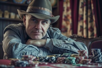 Man with stoic expression in Wild West setting