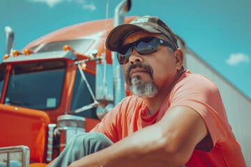 Mature Hispanic truck driver sits beside rig on sunny day
