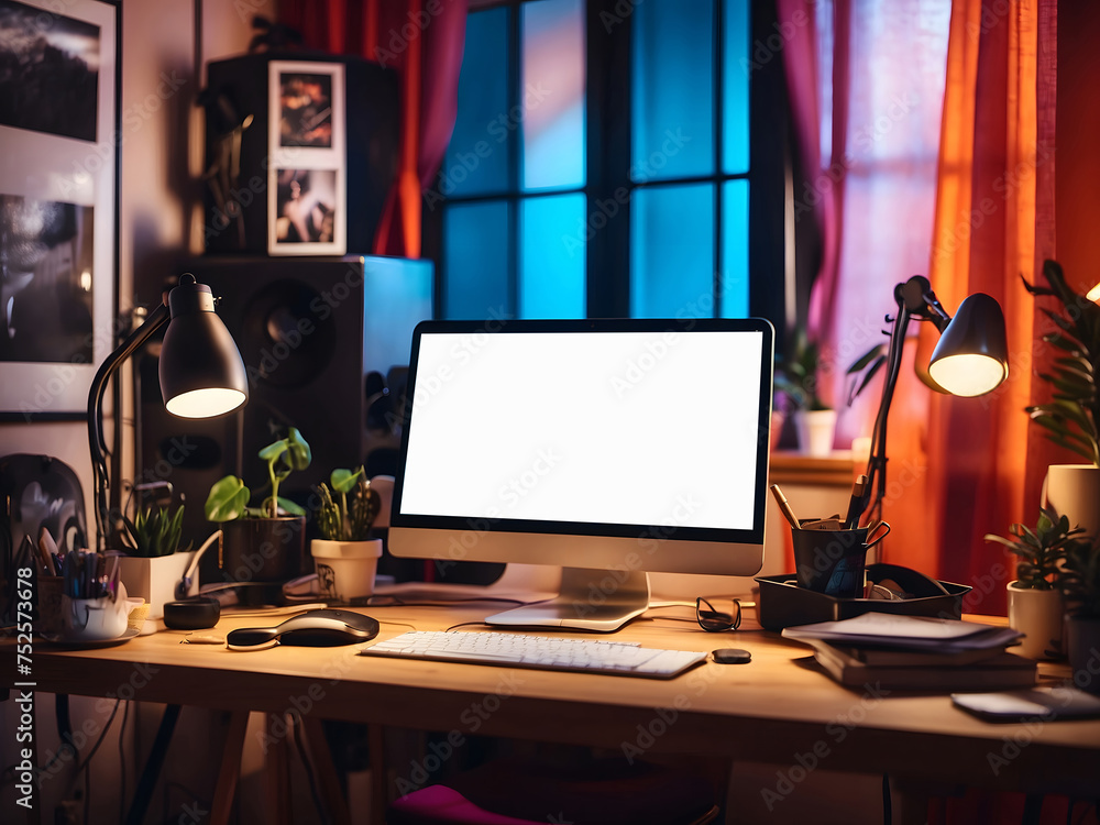 Poster stylish workspace with a computer and posters at home or in the studio.