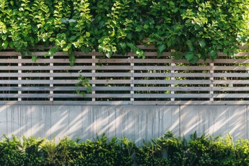 metal fillings with concrete blocks underlay a metal aluminum fence for privacy around the garden with horizontal slats providing coverage and a tuji hedge add